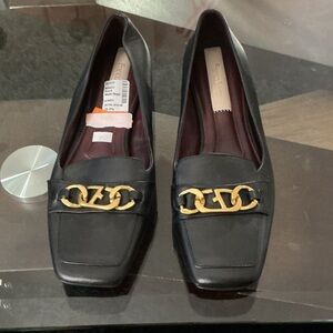 Franco Sarto Black Loafers with Gold Chain